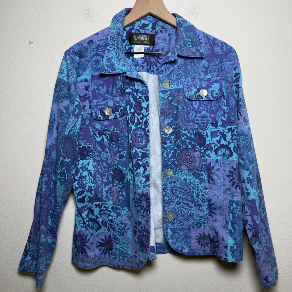VTG 90s Rough Riders Women Denim Patchwork Jacket Medium blue Purple Floral Boho